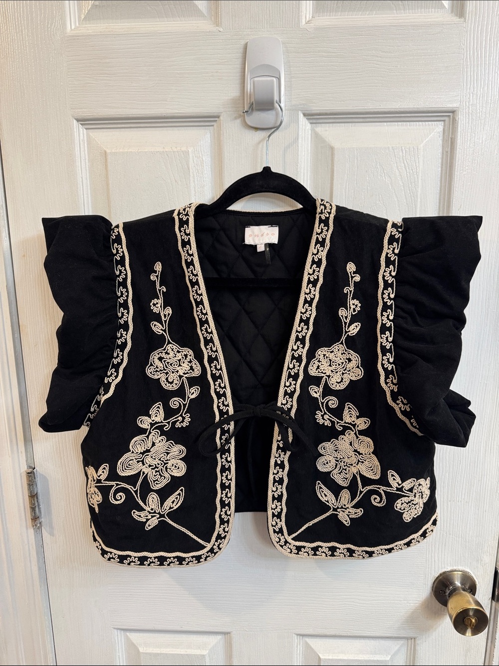 entro Black Short Embroidered Jacket with Cream Floral Trim